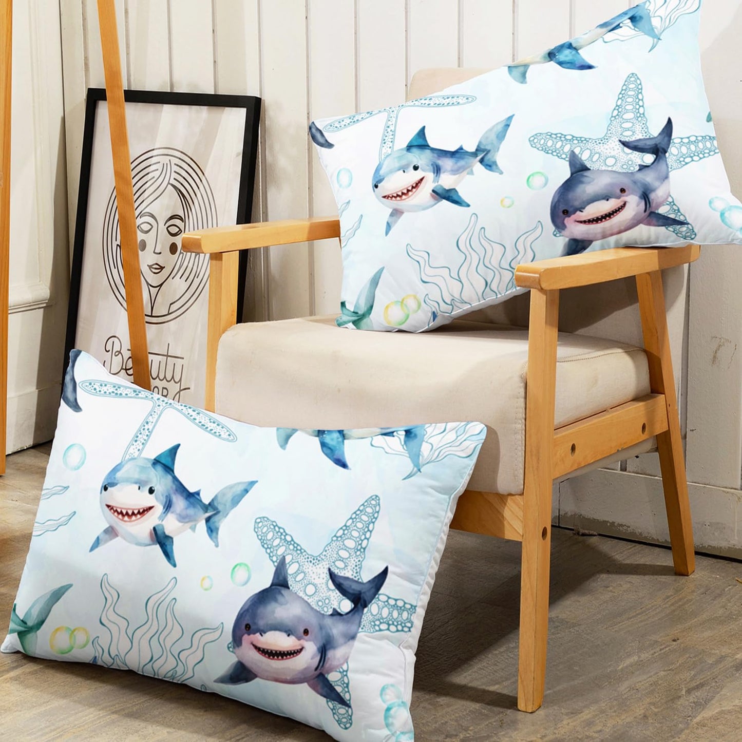 AILONEN Twin Bed Linen Set, Shark Pattern, Blue, 3 Piece Set (1 Fitted Sheet, 2 Pillowcases)