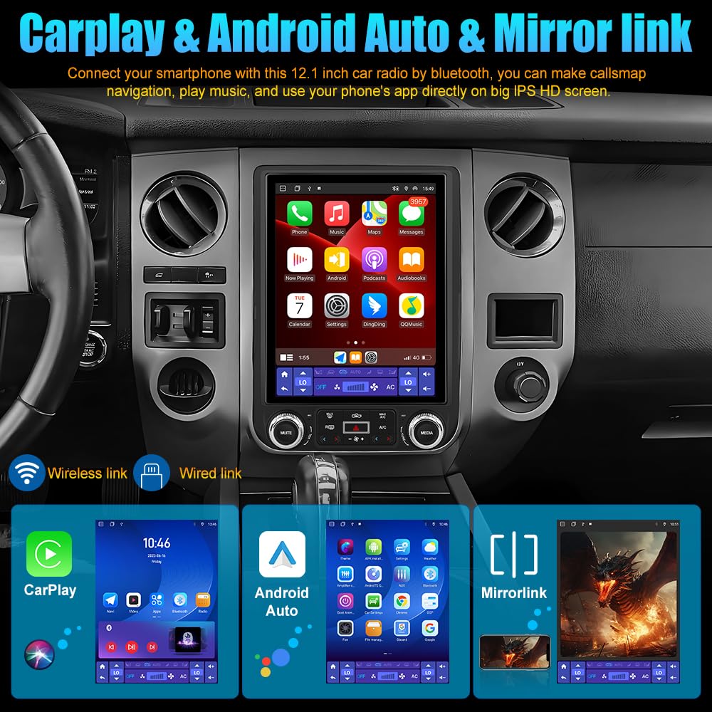 AWESAFE Car Radio for Ford Expedition 2015 2016 2017, Android 13 8 Core T Style 12.1 Inch IPS Touch Screen Car Stereo with Wireless Carplay/Android Auto, GPS, WiFi, Bluetooth, FM, DSP - [4GB+64GB]
