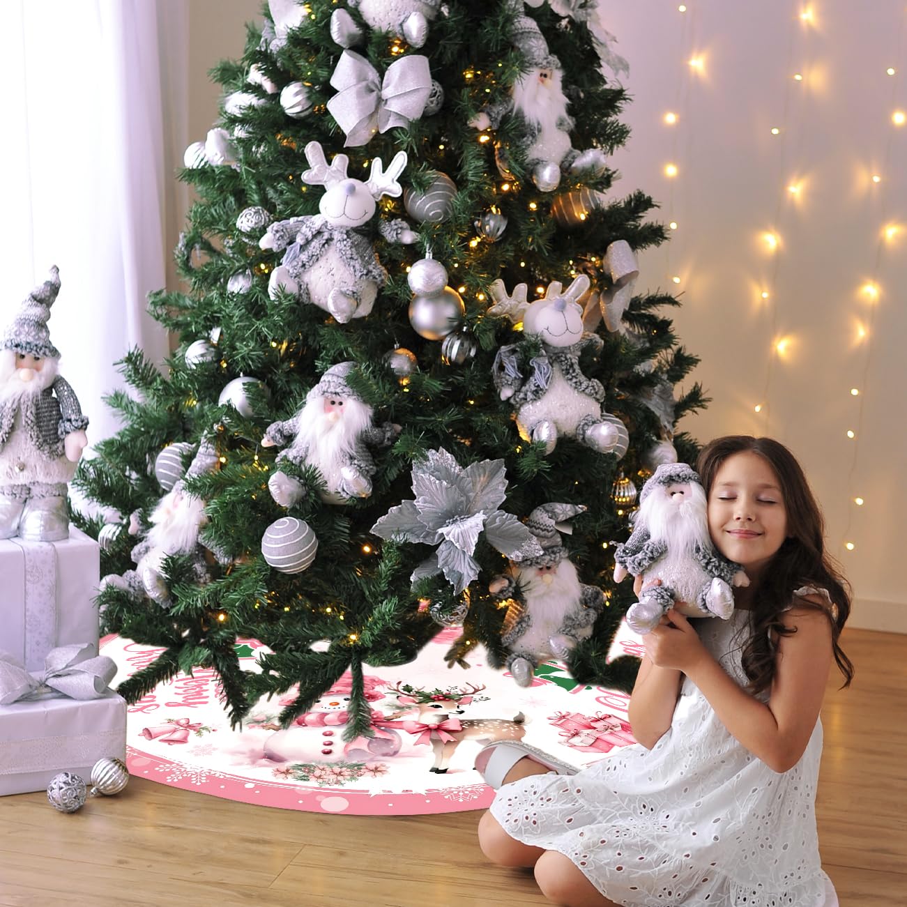 Pink Christmas Tree Skirt Merry Christmas Decoration Snowman Decoration 48 Inch Tree Skirt for Festival Party Decor Indoor Outdoor