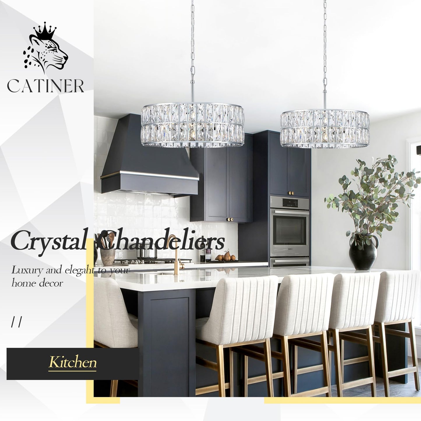 CATINER Modern Crystal Chandelier 18”Chrome Semi Flush Mount Ceiling Light Fixtures 6-Lights Drum Crystal Pendant Lighting for Dining Room Foyer Bedroom Living Room