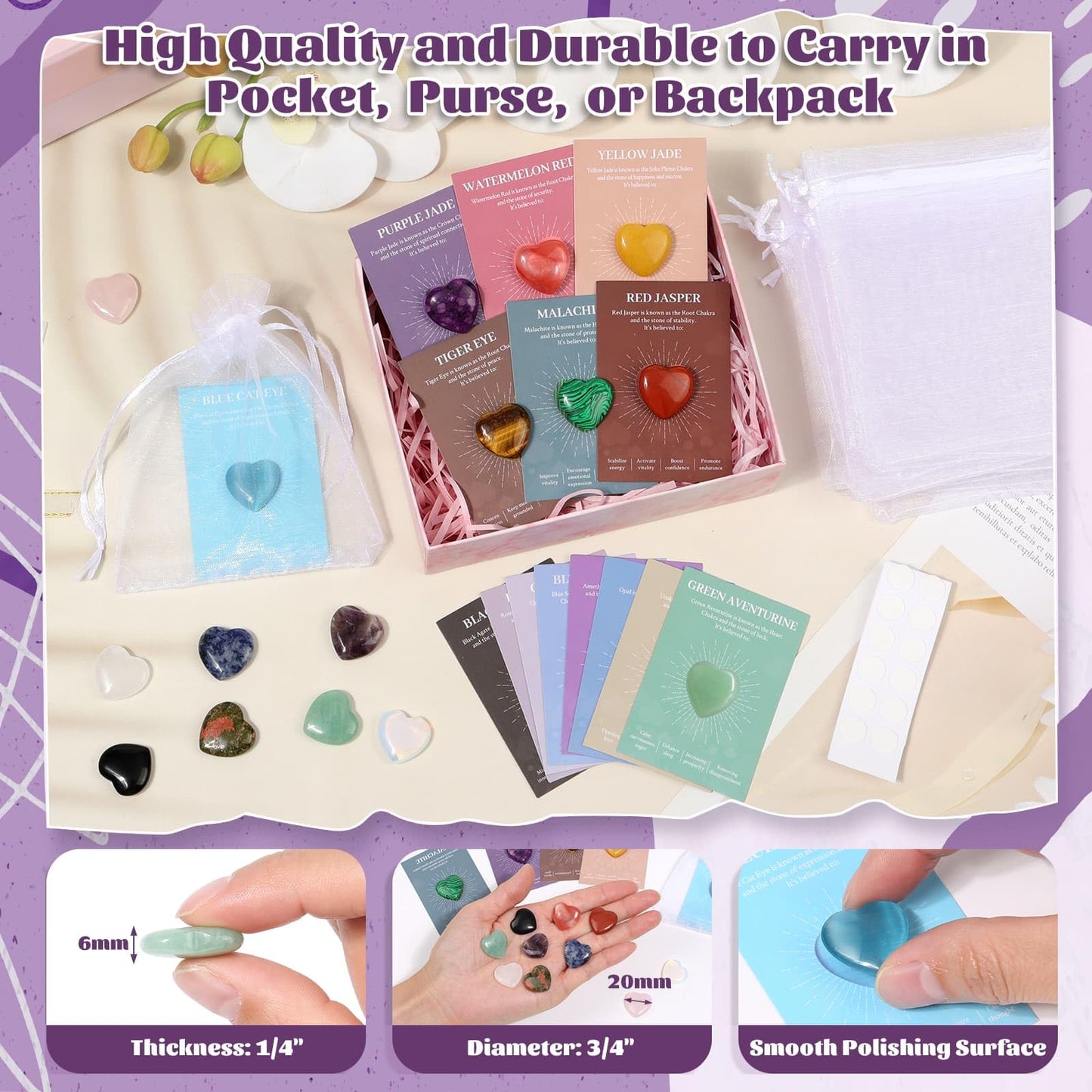 15Pcs Heart Crystals and Healing Stones Bulk, 0.8" Natural Polished Heart Shaped Rocks Gemstones with Meaning Cards for Meditation Balancing Chakra Reiki Spiritual Valentines Mother's Day Gifts