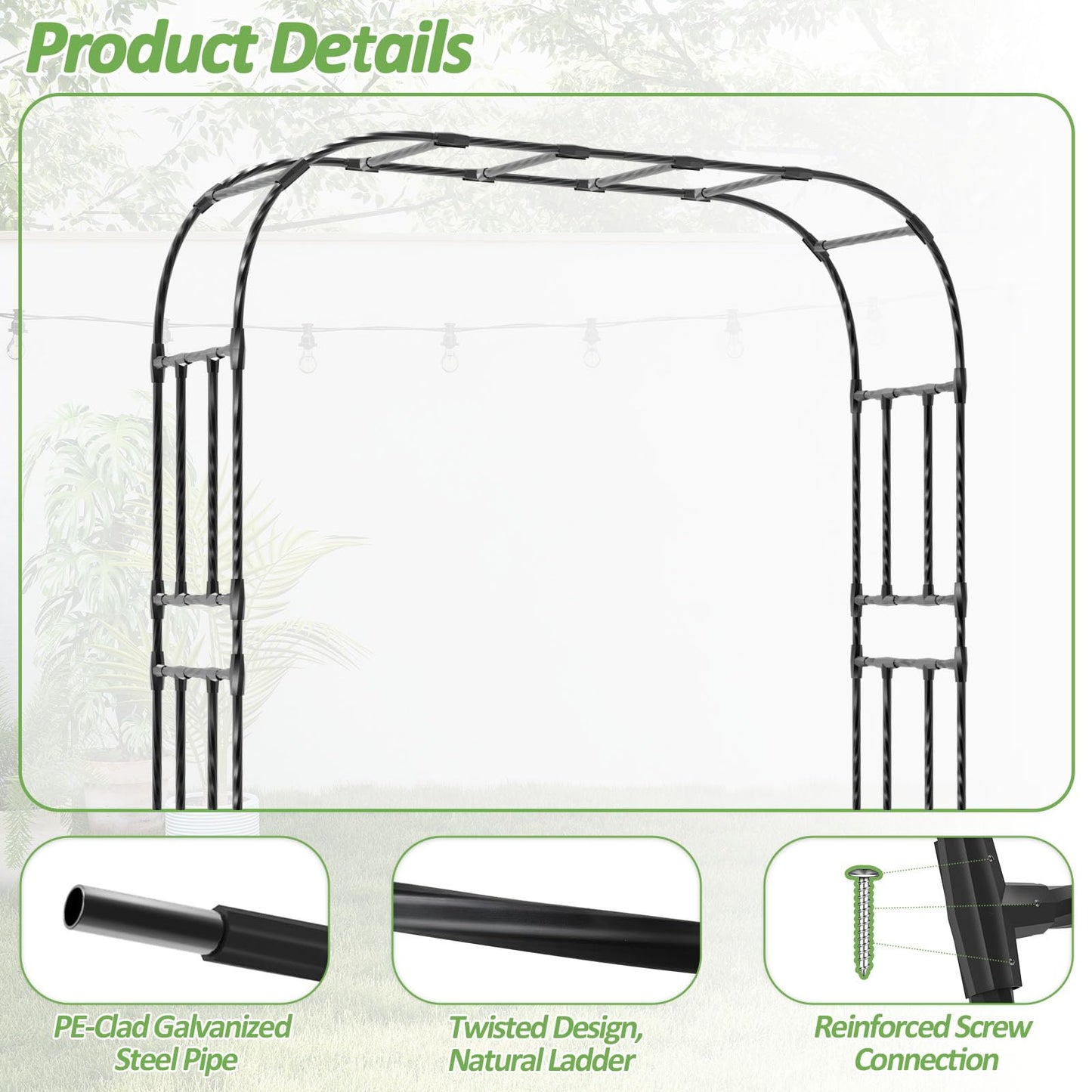 Trellume Thickened Metal Garden Arch-98.4"(L)*94.5"(H),Garden Arch Trellis for Climbing Plants Outdoor, Heavy Duty Rust-Proof Iron Arbor Archway for Backyard, Patio, Lawn and Wedding Decorations