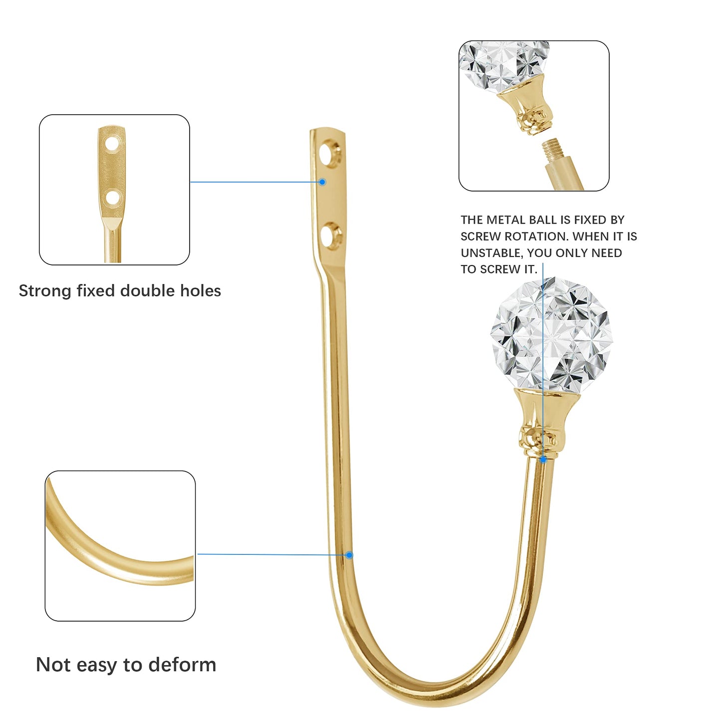 Curtain Holdback, 2pcs Wall Mounted Drapery Tiebacks with Clear Crystal Ball, Heavy Duty Metal Decorative Window Drapery Curtain Holder Curtain Hooks with Screws, Sliver