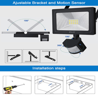 CLY 2 Pack Security Lights Outdoor with Motion Sensor, 15W 1200LM LED Floodlight with Remote Control IP66 Waterproof PIR Sensor Lights 6500K LED Outdoor Lights for Garden, Backyard, Garage, Doorways
