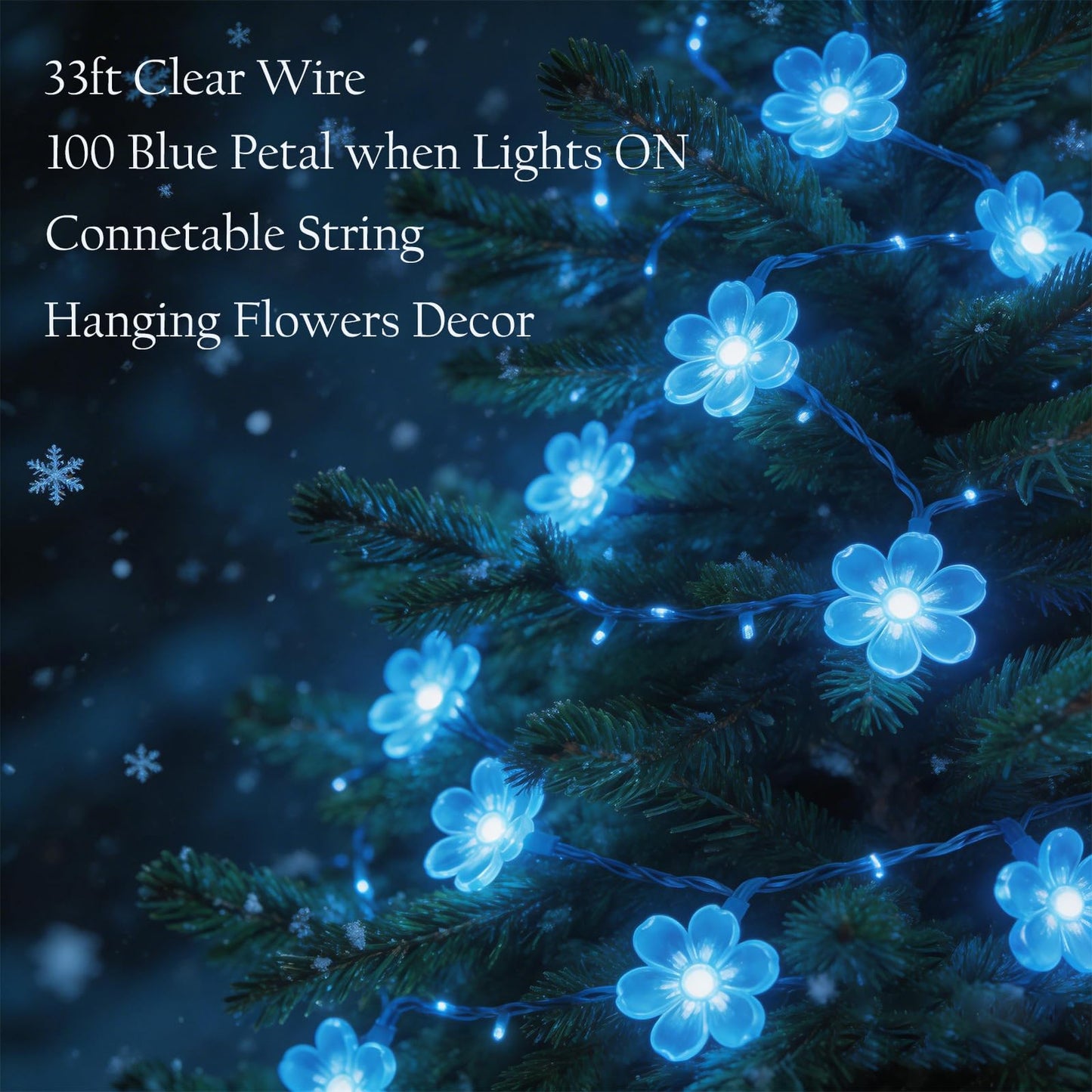 Blue Flower String Lights Indoor Outdoor Decorations, 33ft Connectable Clear Wire 100 LED Cherry Blossom Fairy Light with 8Mode & Memory for Christmas Easter Birthday Wedding Party Bedroom Décor
