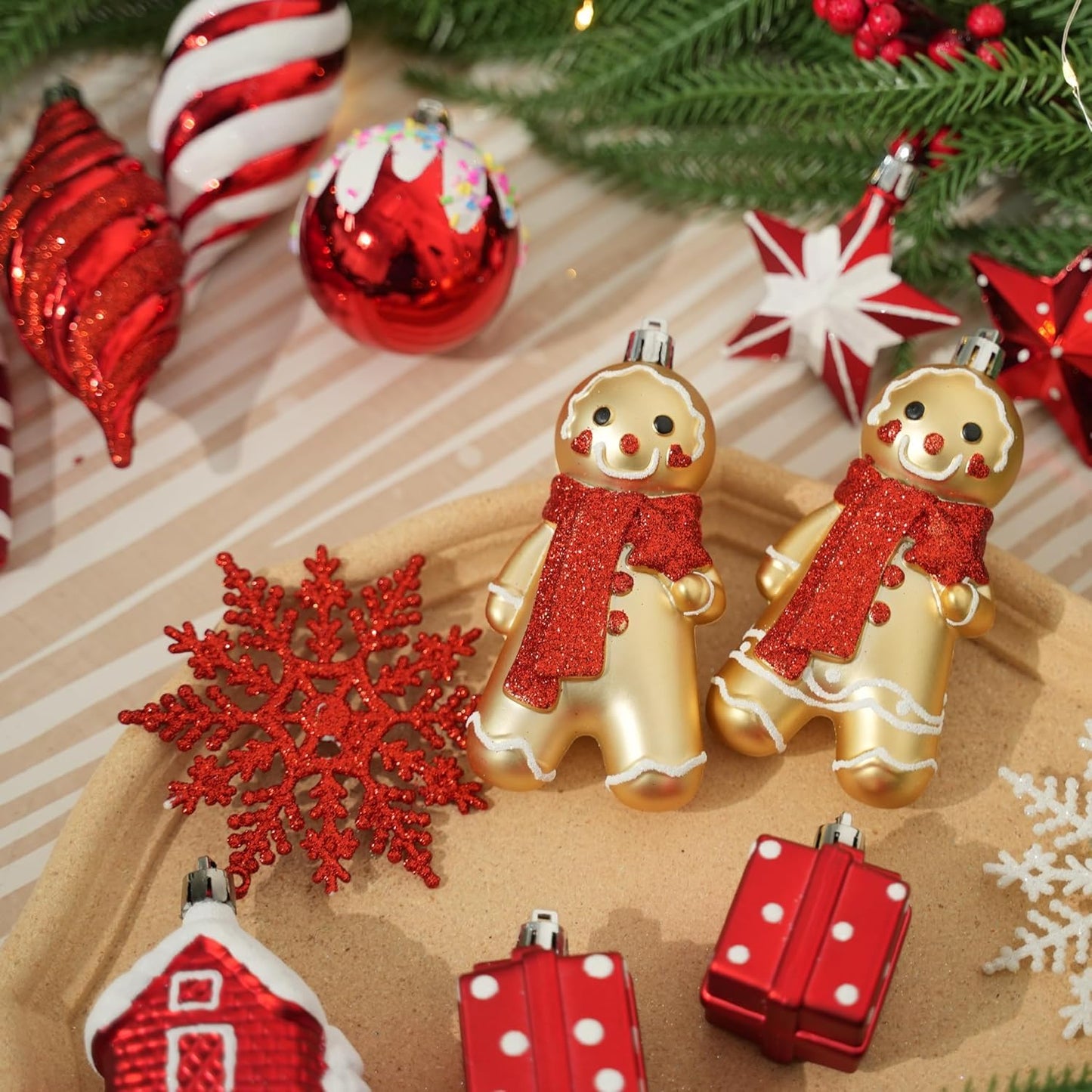 SHareconn 65pcs Christmas Tree Ornaments Set, Shatterproof Christmas Gingerbread Man Balls Bulk Gift Boxes, Hanging Plastic Decorative Baubles for Xmas Trees Decorations, Holiday Party, Red White