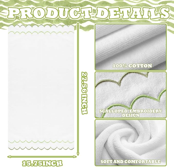 2 Pcs Scalloped Hand Towels 100% Cotton Fingertip Towels