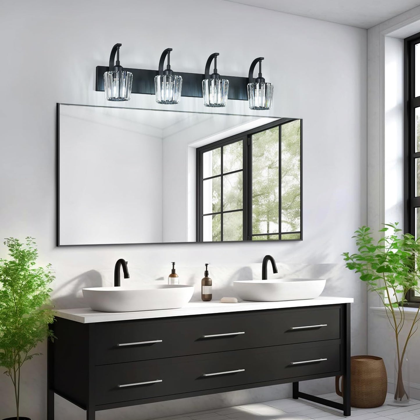 FDPBY Modern Bathroom Vanity Light, 4-Light Black Wall Sconce with Crystal Accents, Over Mirror Bathroom Lighting Fixture, 32.67" Long Dimmable Vanity Lamp for Makeup, Easy Installation