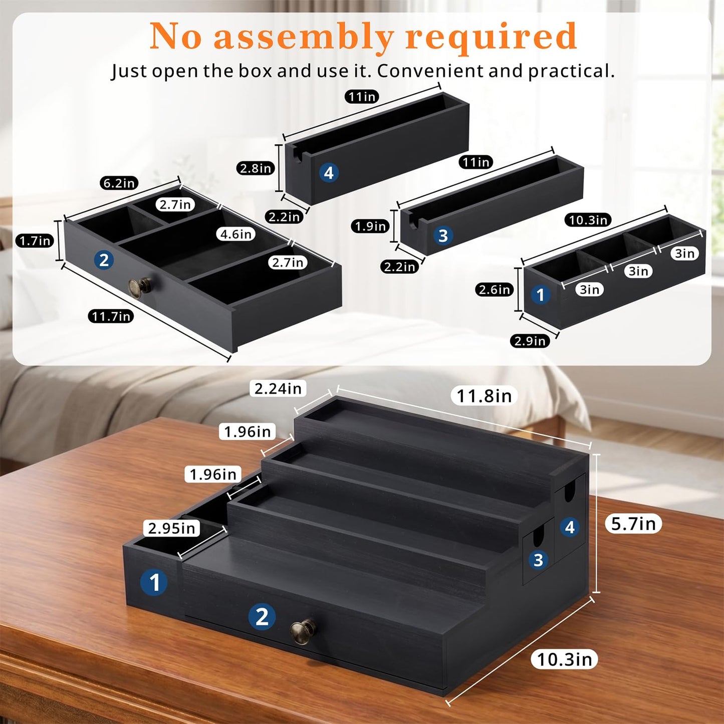 Aollewoiti Cologne Organizer for Men, 4-Tier Wooden Perfume Stand with 3 Velvet Lining Drawers, Large Capacity Perfume Display, Black Fragrance Storage Shelf for Dresser, Mens Gift for Birthday Father's Day
