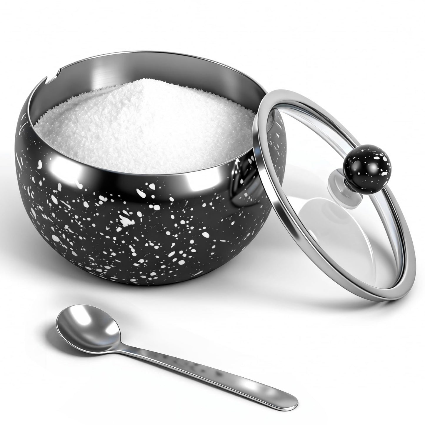 holoith Sugar Container with Glass Lid and Spoon, 16oz Snowflake pattern Stainless Steel Sugar Bowl for Coffee Bar Station Accessories Kitchen Storage for Salt, Candy, Coffee Bean (Black)