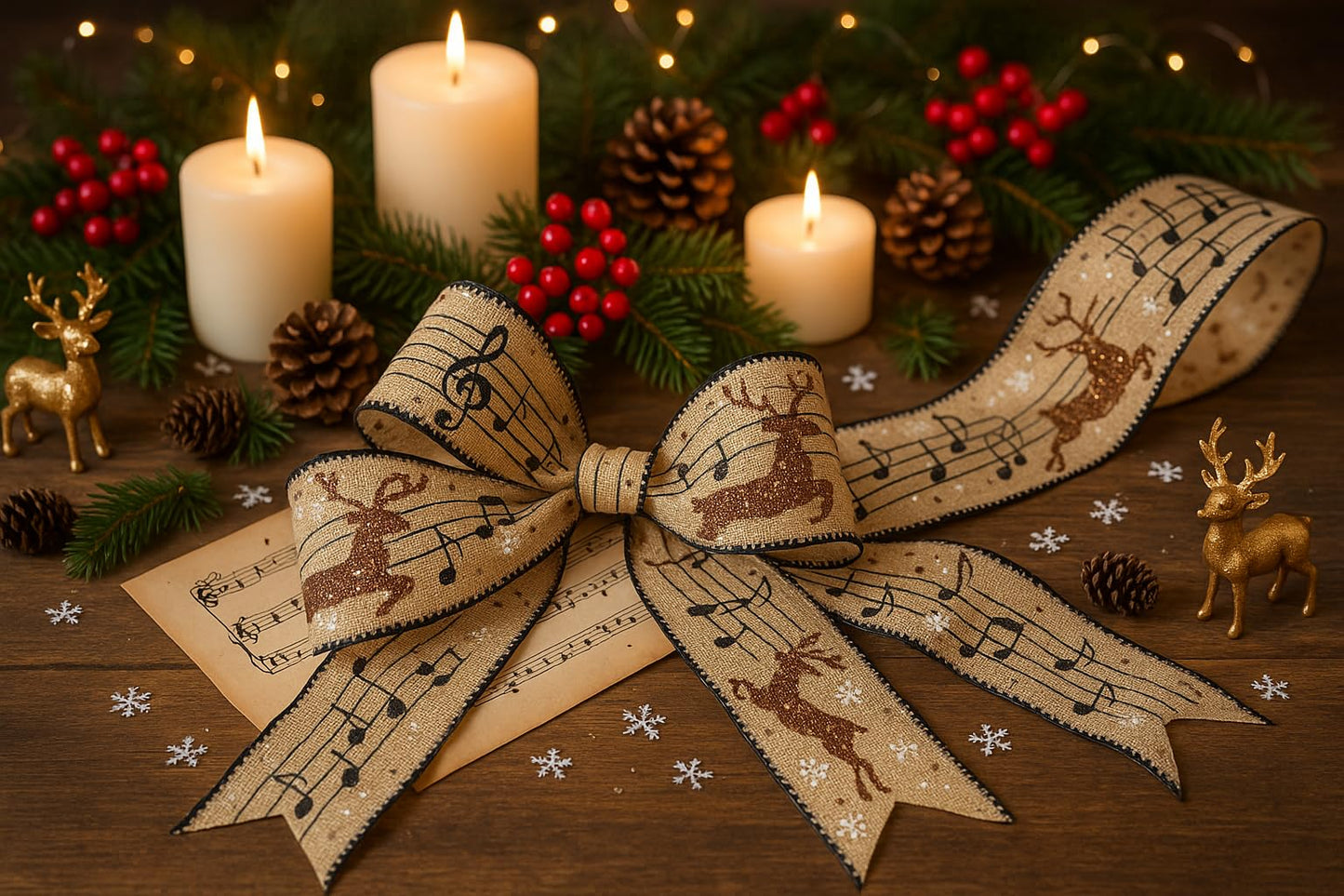 Designer's Shop Christmas Musical Glitter Reindeer Burlap Ribbon