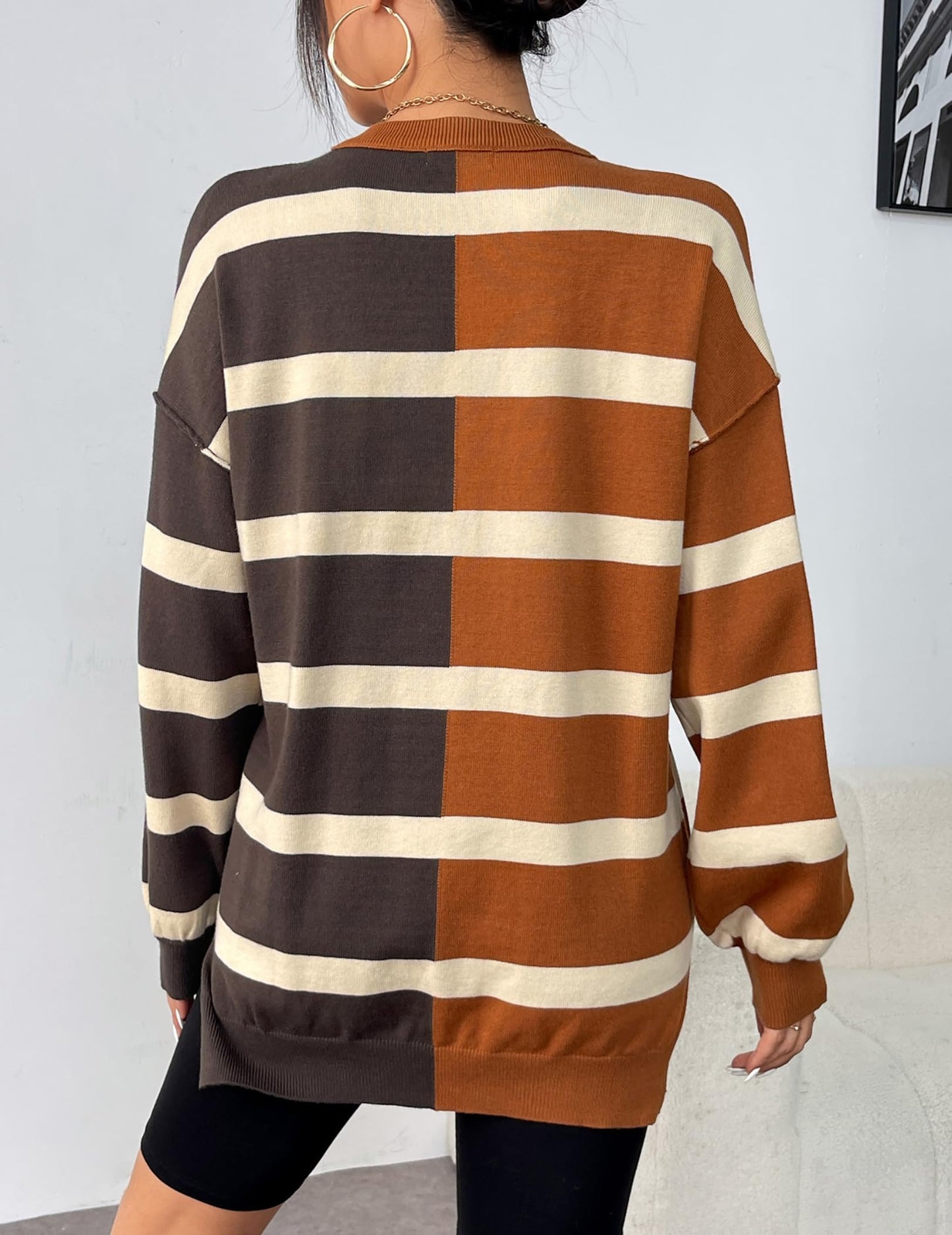 Zeagoo Womens Striped Oversized Sweater 2025 Crew Neck Long Sleeve Knitted Color Block Casual Loose Pullover Top