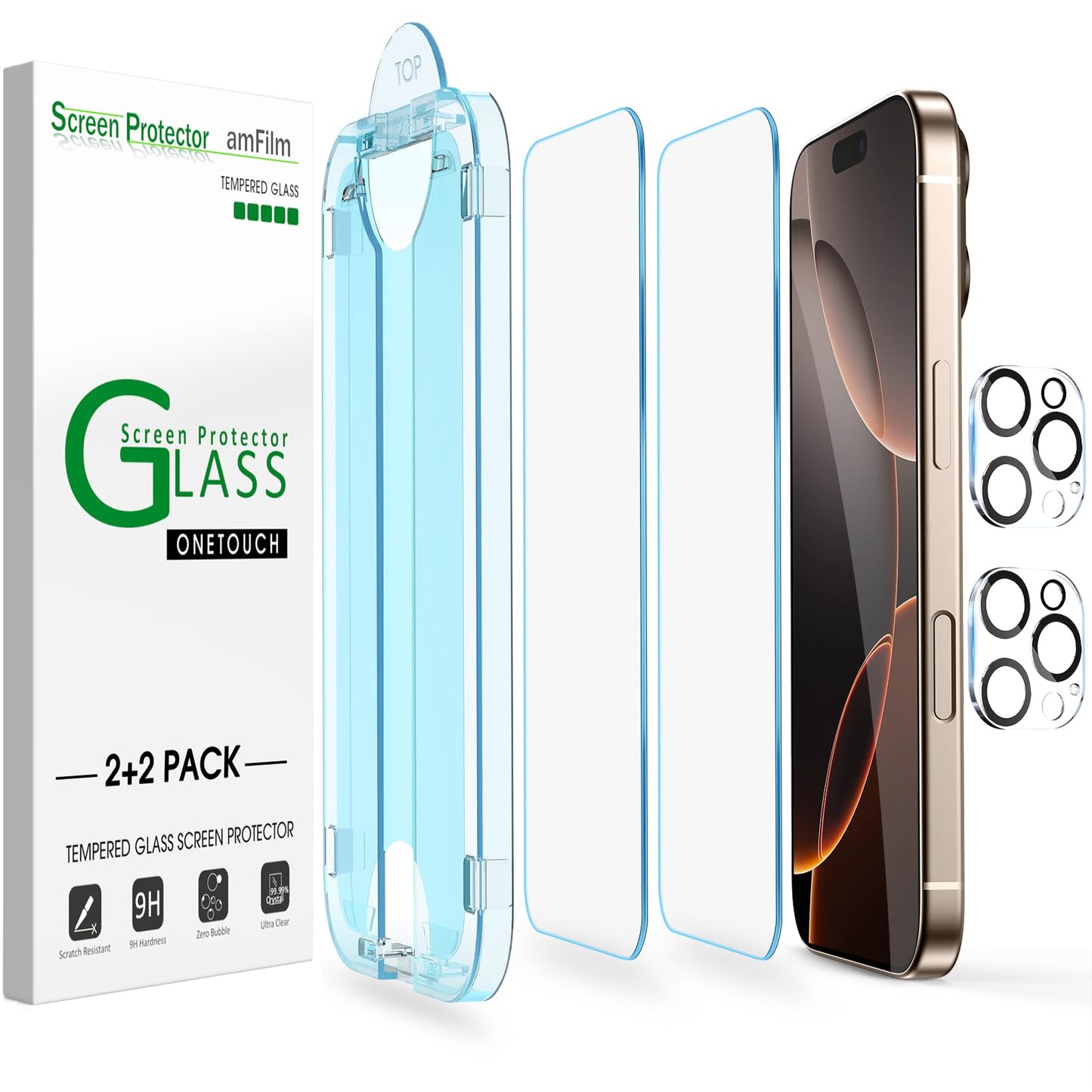 amFilm Easiest Installation OneTouch for iPhone 15 Pro Max Screen Protector [6.7 Inch] Tempered Glass + Camera Lens Protector, Auto-Alignment Tech, Bubble Free, Case Friendly, Anti-Scratch [2+2 Pack]