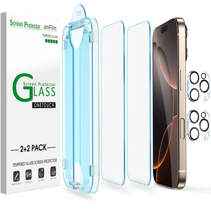 amFilm Easiest Installation OneTouch for iPhone 15 Pro Max Screen Protector [6.7 Inch] Tempered Glass + Camera Lens Protector, Auto-Alignment Tech, Bubble Free, Case Friendly, Anti-Scratch [2+2 Pack]