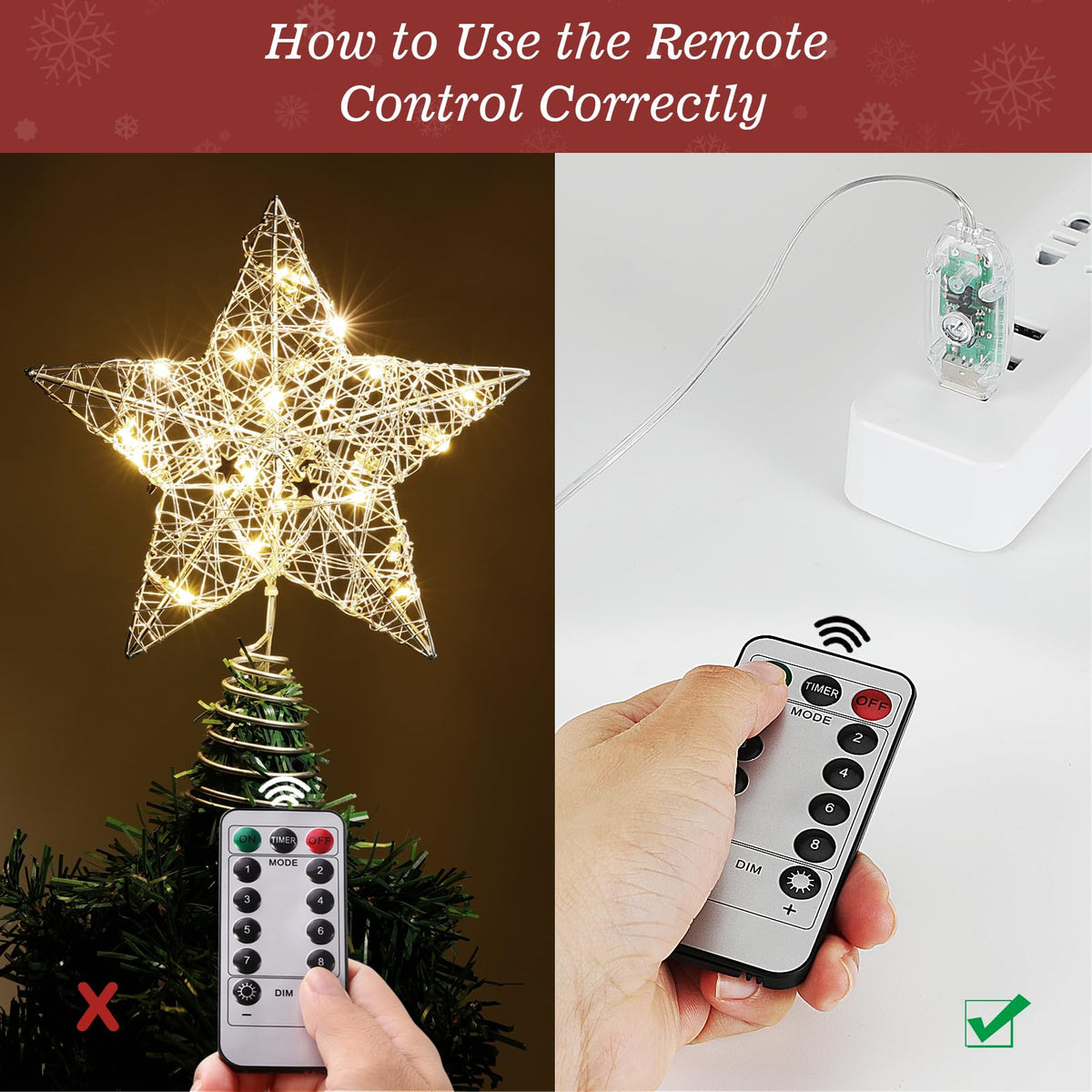 Roylvan Christmas Star Tree Topper with 8 Lighting Modes, USB Lighted Tree Topper with 20 LED Lights, Shiny Treetop Christmas Tree Decoration for Indoor Outdoor Holiday Home Ornament Gift, 9.8 Inch(H)
