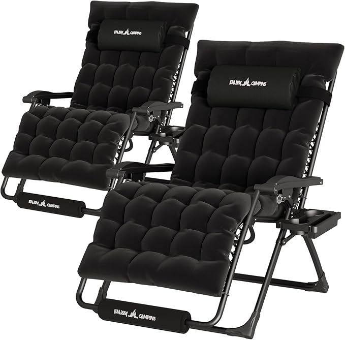 UDPATIO Oversized Zero Gravity Chair Set of 2, 33In XXL Patio Reclining Chair with Cushion, Outdoor Folding Recliner with Pillows|Cup Holder|Foot Rest|Padded Headrest, Black, Support 500LB