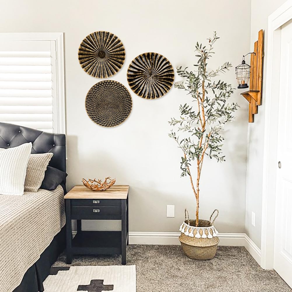 Briful 12" Wall Décor Pack of 3 Metal Gold & Black Washed Starbursts Radial Plate Wall Art Modern Accent Hanging Wall Decorations For Home Office Bedroom Or Living Room Wall Sculptures
