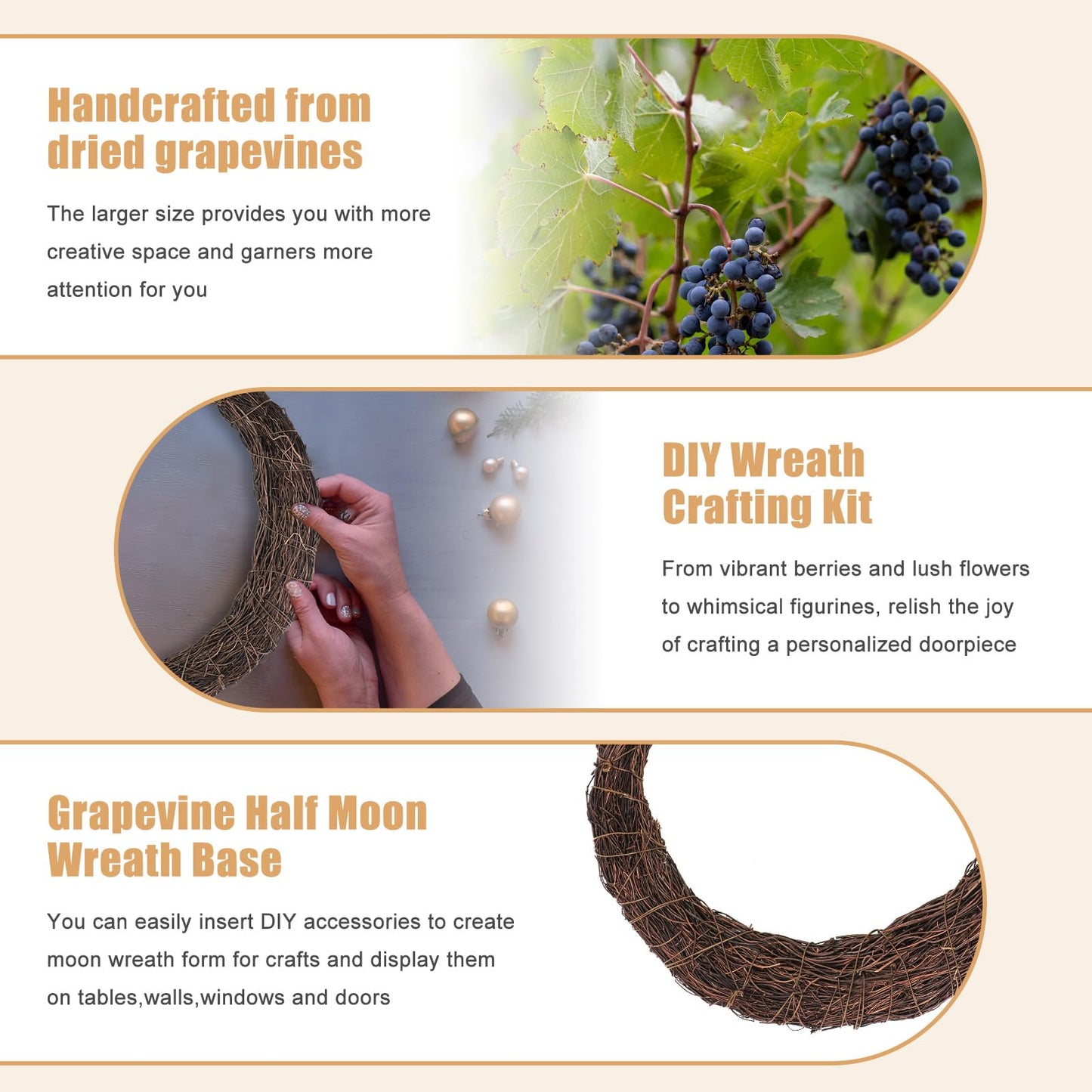 Temfmy Moon Wreath - 14 Inch Crescent Moon Natural Grapevine Wreaths Base - DIY Half Moon Shaped Wreath Making Supplies for Decor - 3 Pack