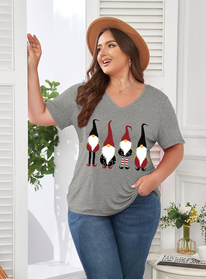 ForHailey Christmas Shirts for Women Plus Size Tops Merry Christmas Gnome Turkey Tee Shirts 2024 V Neck Short Sleeve T-Shirt Christmas Outfits Grey 3X-Large
