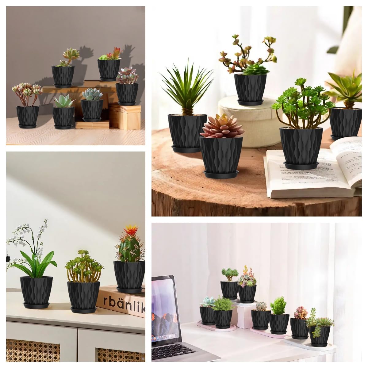 zople 16 Pack 4 Inch Plastic Planter Pots with Tray, Heavy Duty Indoor Outdoor Planter Pots with 48 Drainage Holes for Herbs, Succulents, Seedlings, Flowers Durable and Lightweight Black