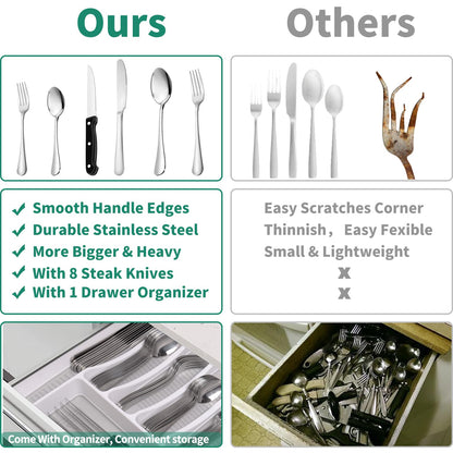 49-Piece Stainless Steel Silverware Set with Cutlery Organizer, Service for 8 with Steak Knives and Kitchen Utensils