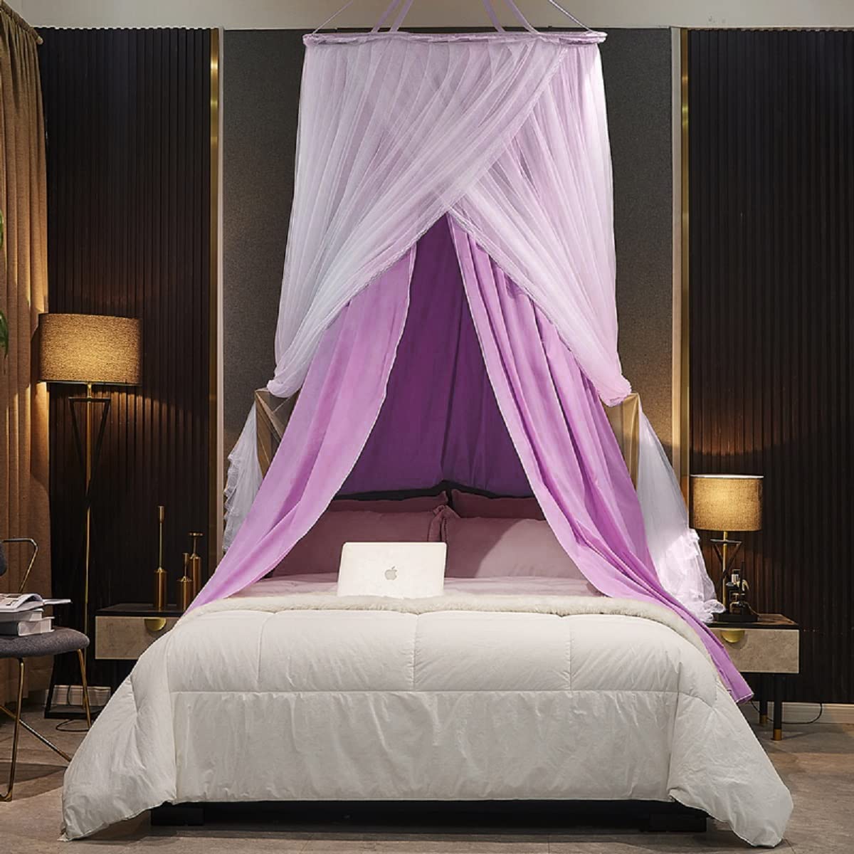 Kertnic Luxurious Bed Canopy for Girls & Adults - Double Layer Princess Canopy with Lace, Round Dome Mosquito Netting for Queen/King Bed Tent (Purple)