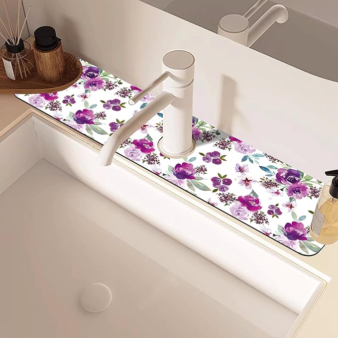 Watercolor Purple Flowers Faucet Absorbing Mat Splash Guard Draining Mat Fast