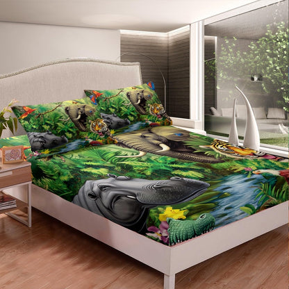 Jungle Animals Fitted Sheet Twin Crocodile Hippo Elephant Tiger Bedding Set African Safari Animal Printed Bed Cover Set Cartoon Zoo Theme Fitted Bed Sheets with 1 Pillow Case No Top Flat Sheet