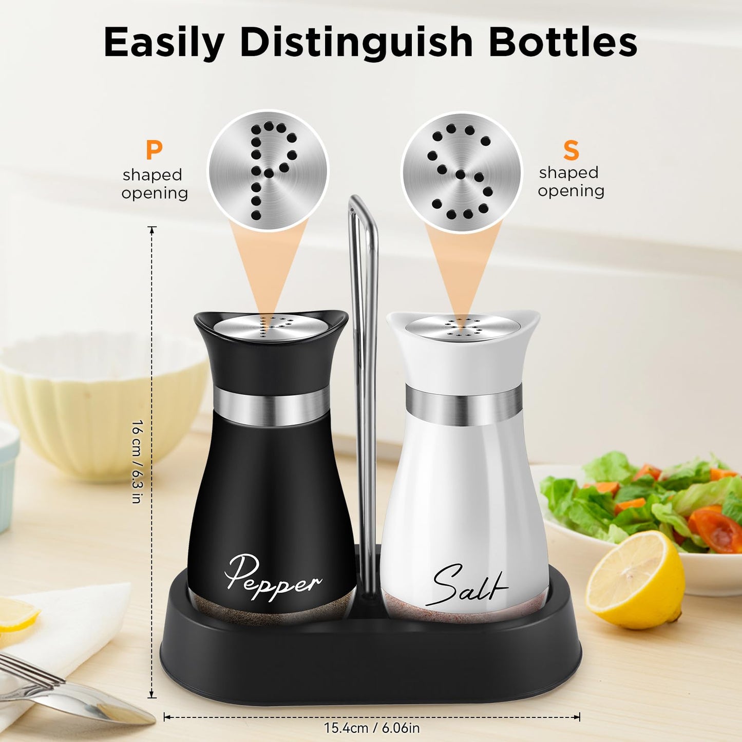 Salt and Pepper Shakers Set, 4 oz Stainless Steel Salt Shaker, Farmhouse Salt Pepper Shaker Containers with Glass Bottom for Kitchen Gadgets Cooking Table, BBQ, Bar, RV, Camp (Black&White)