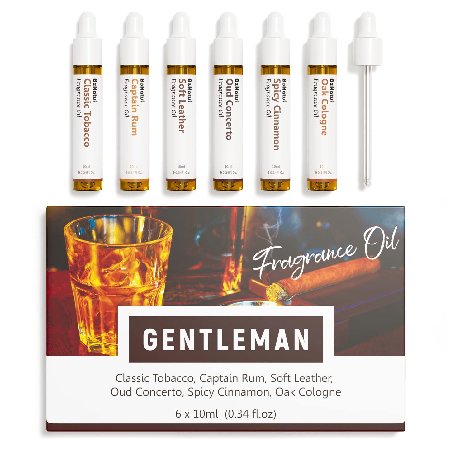 Benatu Gentleman Premium Fragrance Oils Set for Diffuser, Candle, Soap Making - Men Scents Aromatherapy Perfume Oil Gift for Home (Tobacco, Rum, Leather, Ebony, Spice Cinnamon, Oak Cologne) 6 Pcs