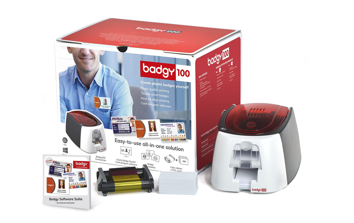 Badgy100 Plastic Card Printer with Badge Studio - ID Design Software for Full Color, Custom, Tamper Proof ID Badges in Seconds