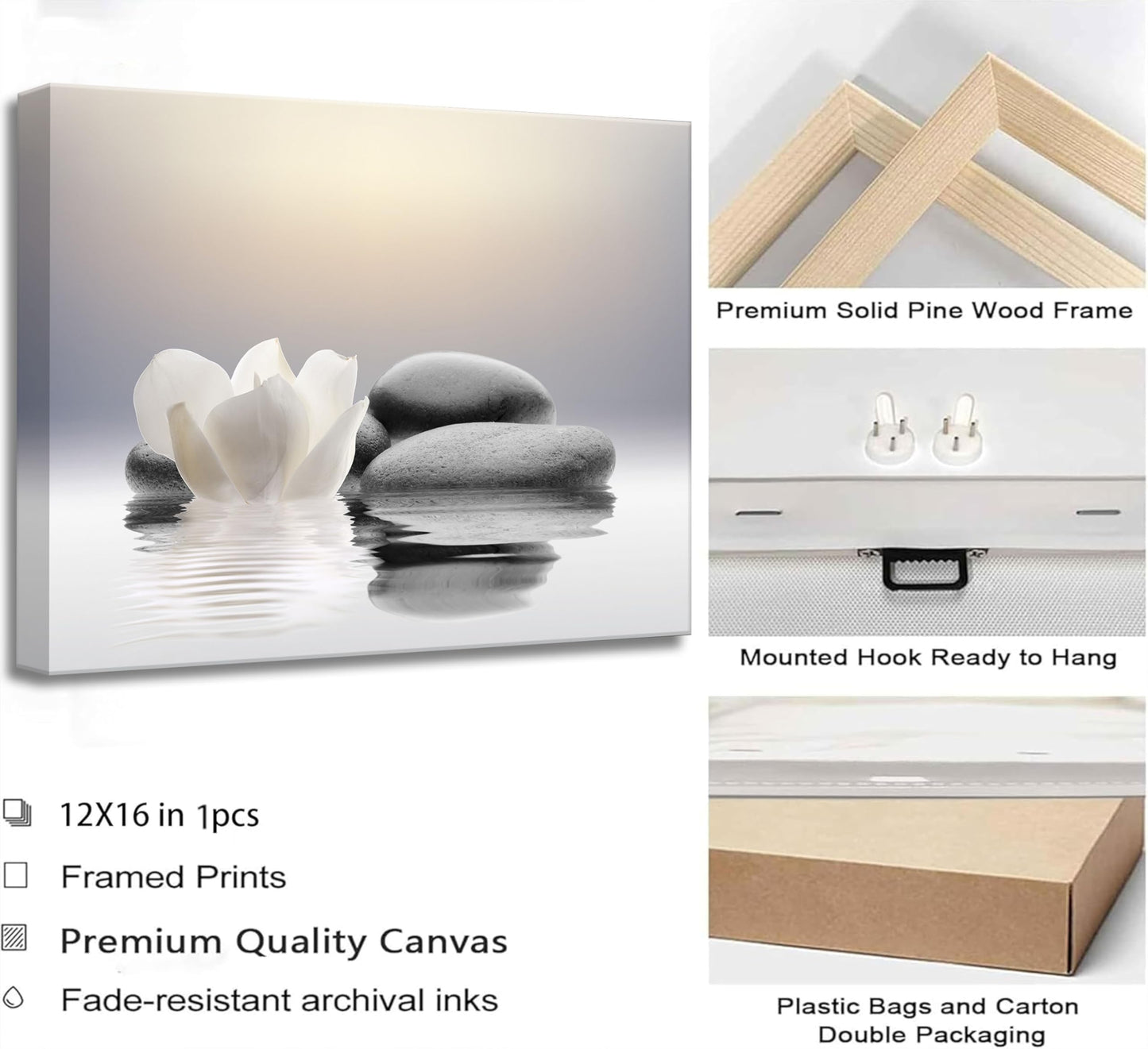 Zen Canvas Wall Art white Lotus Flowers and Black Massage Stones Spa Picture Wall Decor Poster Print Suitable for Yoga Meditation Room Bathroom Bedroom Study Home Decoration