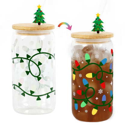 Joyseller Christmas Gifts, 18oz Color Changing Christmas Lights Iced Coffee Can Glass, X-mas Glass Cup with Lid and Straw, Holiday Tumbler