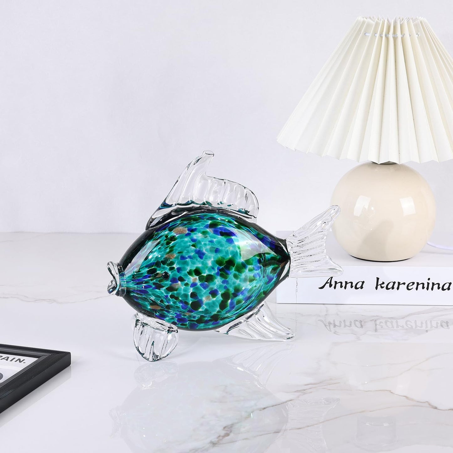 LINYTHER Large Glass Fish Figurine for Home Decor, Hand Blown Art Glass Ocean Animal Statue, Decorative Coastal and Beach Themed Sculpture for Table, Shelf, Bathroom, Living Room or Office