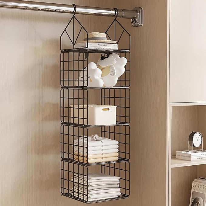 Hanging Closet Organizer, Carbon Steel 5-Shelf Hanging Storage, Collapsible