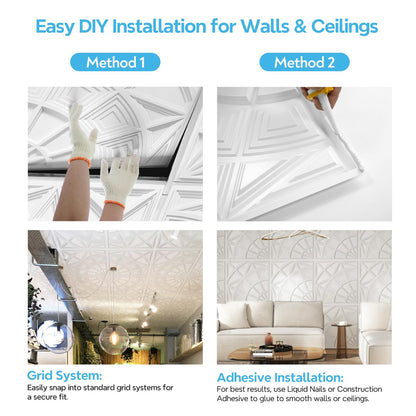 STICKGOO 3D Ceiling Tiles 24"x24", Modern Geometric Textured PVC Panels, Waterproof & Recyclable Drop or Glue-Up Decorative Ceiling Tiles for Home & Commercial Use (12 Pack, White)