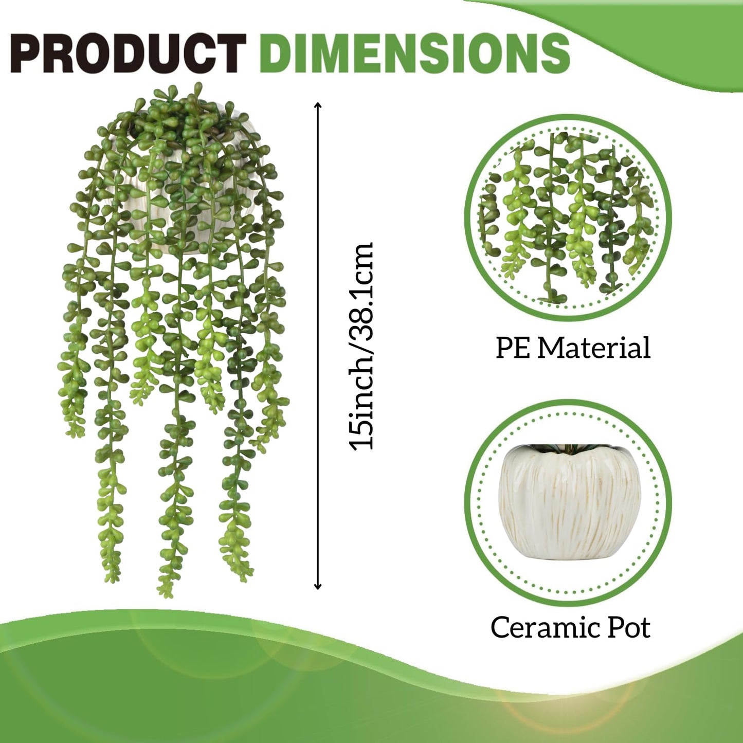Hisow Succulents Plants Artificial, Small String of Pearls with Ceramic Pot Artificial Faux String of Pearls Suitable for Home Garden Decor, Wall Decoration