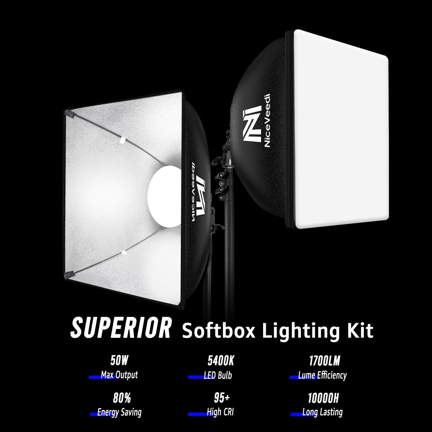 Softbox Lighting Kit, NiceVeedi 16'' x 16'' Softbox Photography Lighting Kit with 63” Tripod Stand & 5400K 450W Equivalent LED Bulb, Continuous Lighting for Photography/Video Record/Live Streaming