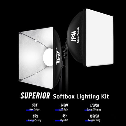 Softbox Lighting Kit, NiceVeedi 16'' x 16'' Softbox Photography Lighting Kit with 63” Tripod Stand & 5400K 450W Equivalent LED Bulb, Continuous Lighting for Photography/Video Record/Live Streaming
