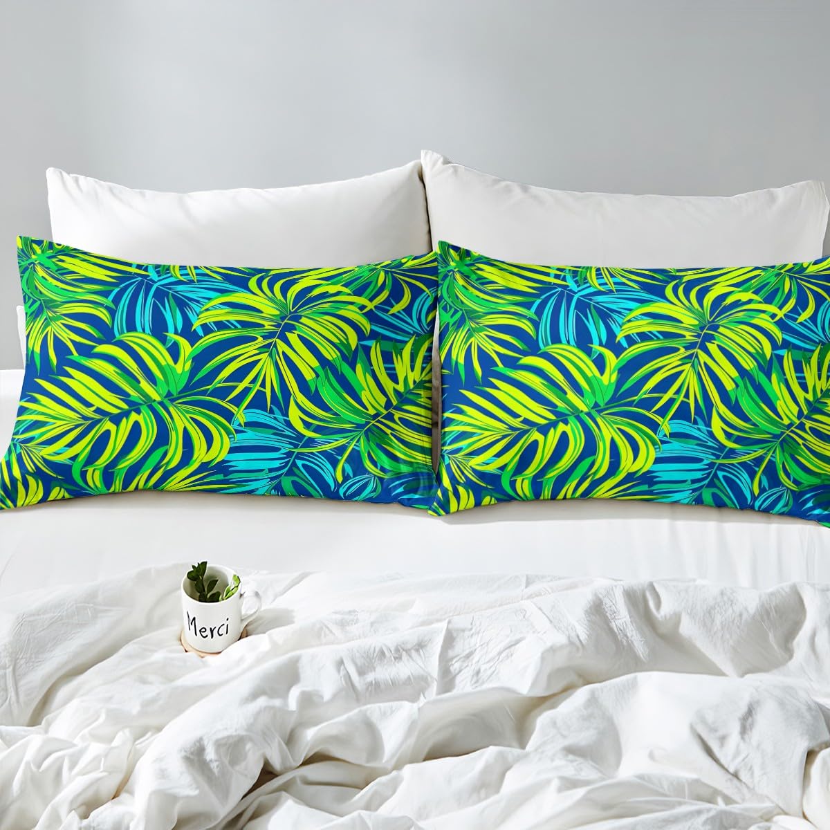 Palm Leaf Duvet Cover,Tropical Plant Comforter Cover for Kids Botany Themed Print Bed Collection,Exotic Palm Tree Natural Botanical Summer Ocean Beach Sea Hawaiian Decor Bedding Set, Queen,Green Blue