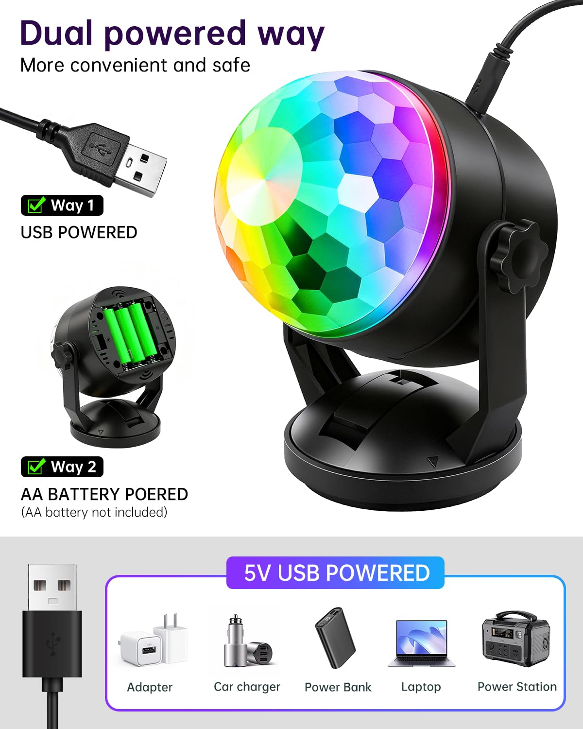 Luditek 2-Pack Portable Sound Activated Party Lights Indoor, Battery Powered/USB Dj Disco Ball Strobe Lights for Car Room, Adults Gifts, New Years Eve Party Supplies 2025 Christmas Decorations