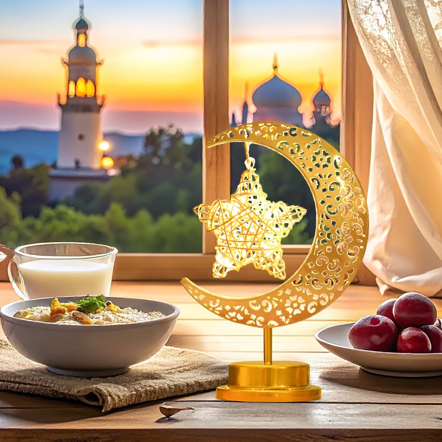 Lifnatty Moon Lamp with Hanging Star, Decorative Crescent Moon Night Light Battery Powered, Retro Metal LED Table Lamp for Bedroom Living Room Boho Home Decor, Gift for Women Birthday Christmas