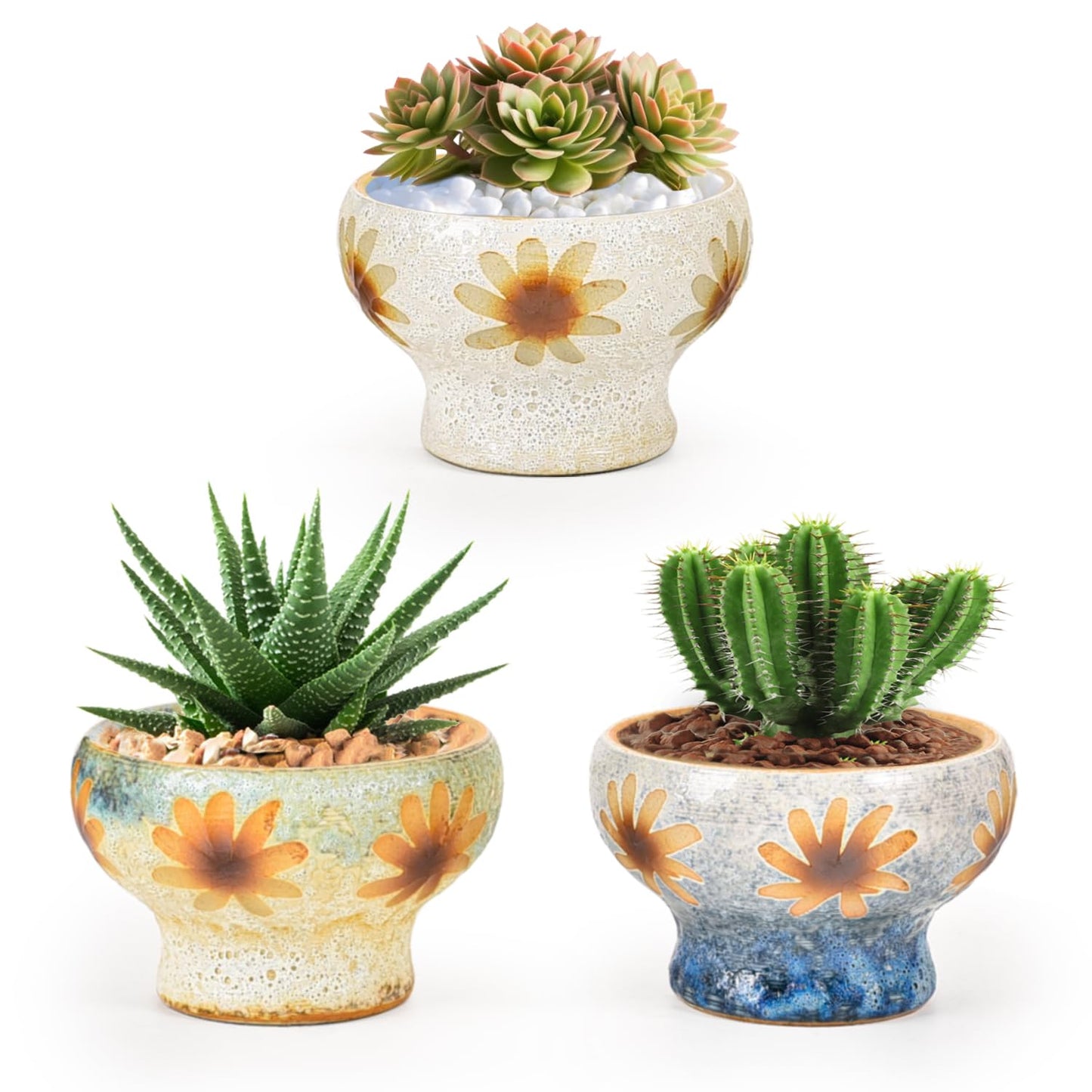 Sungmor Small Succulent Planters Set of 3, Beautiful Hand Crafted Ceramic Plant Pots Cute Cactus Pot, 4.9 Inch Flower Pots for Indoor Plants with Drainage, Desktop Windowsill Home Office Decor Pots