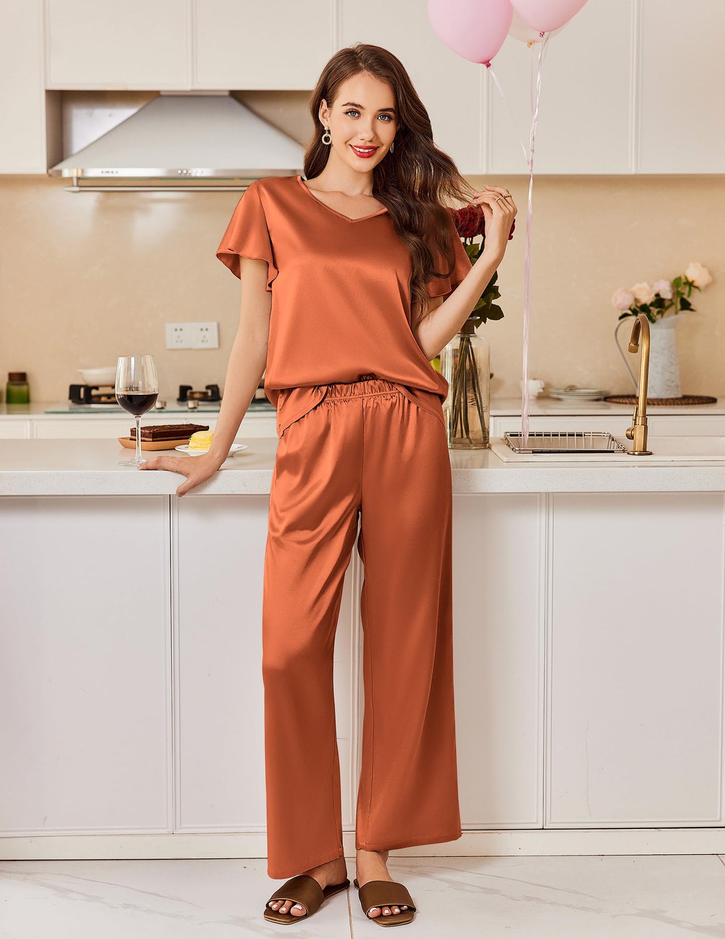 Ekouaer Women's Satin Silky Pajama Set 2 Piece Short Sleeve Shirt with Long Pants Pjs Sets Soft PJ Loungewear S-XXL