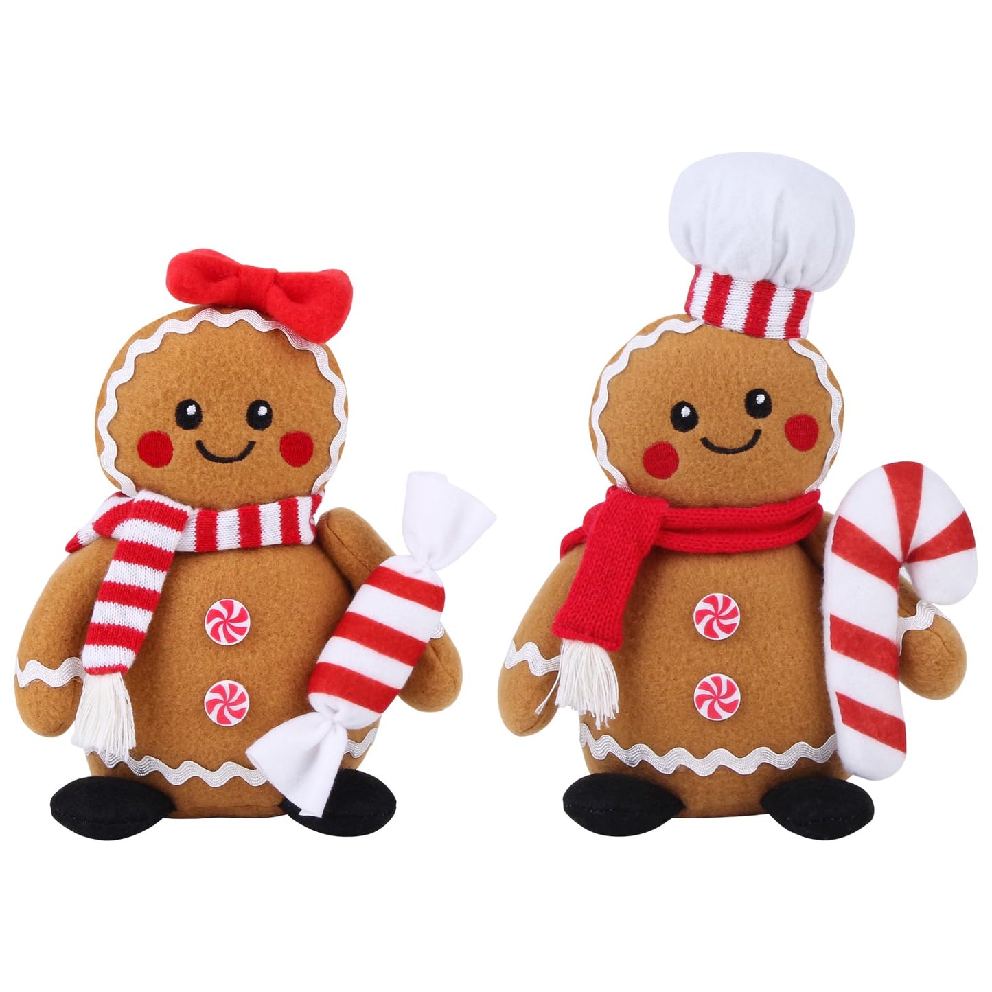BWFY Christmas Gingerbread Man Plush Toys Set of 2, Festive Gingerbread Couple Stuffed Animals with Candy Props, Xmas Decorations & Gifts, Christmas Holiday Home Decor