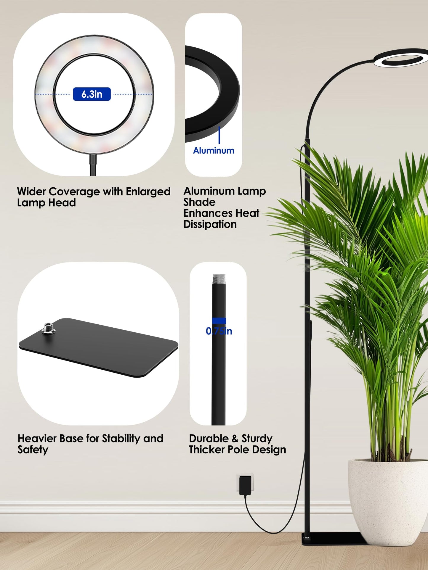 GLOWRIUM Grow Lights for Indoor Plants, Full Spectrum LED Grow Light Floor Lamp with Stand Adjustable Height and Angle, Black Plant Light with 3/9/12H Grow Light Timer (Black, 36W)