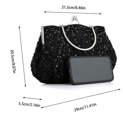 Collection Antique Floral Seed Bead Sequin Soft Clutch Evening Bag Designer Purse Large Clutch Handbag (Black)(Size: One Size)