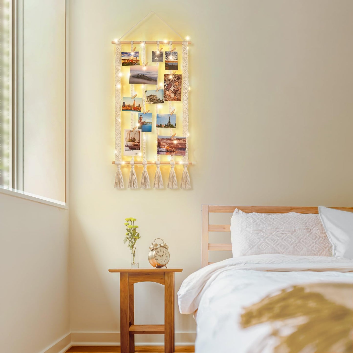 Dahey Macrame Hanging Photo Display Dorm Wall Decor Boho Picture Frames Collage for Picture String with Clips Photo Hanger with Lights Artwork for Teen Girl College Living Room Bedroom Christmas Gift