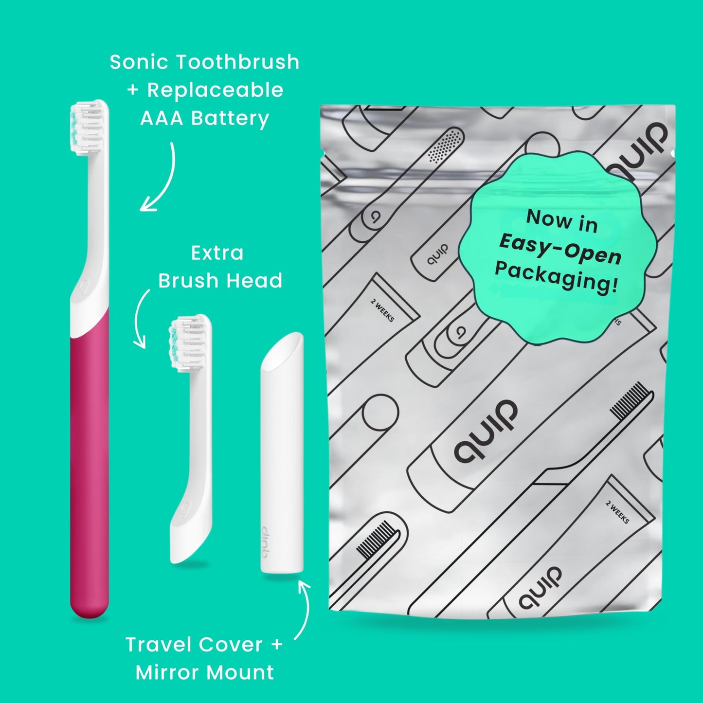 Quip Sonic Toothbrush for Kids with Timer - Includes Extra Brush Head and Travel Cover Mount - Electric, Soft Bristle Refill Head, Rubber Handle, 3 Month Battery Life - Travel Toothbrush - Blue