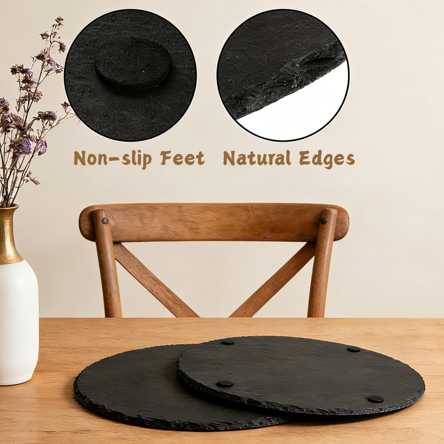 Hacaroa 3 Pack Slate Cheese Board, 12 Inch Large Round Charcuterie Boards Natural Stone Plate Tray, Blank Black Slate Serving Platter for Meat, Fruit, Appetizer, Laser Engraving, Party